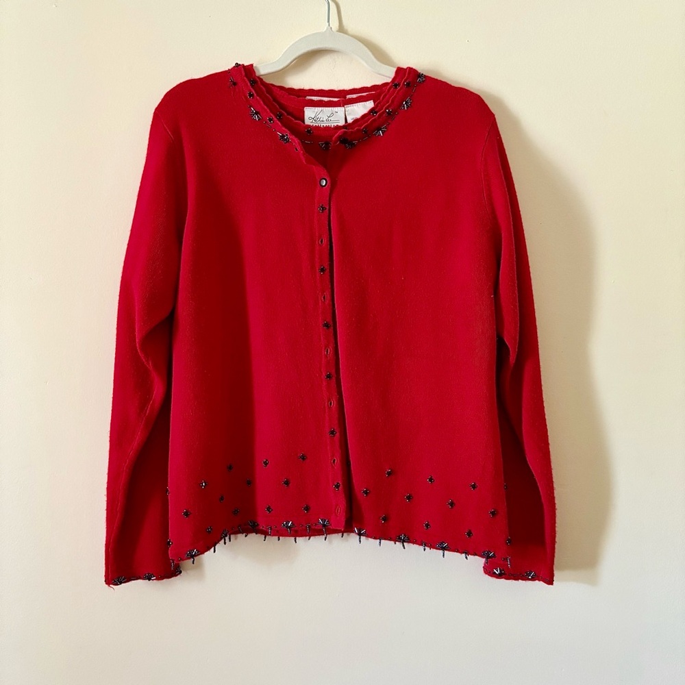 Kathie Lee Collection Red Cardigan Sweater Set with Black Beading Vintage